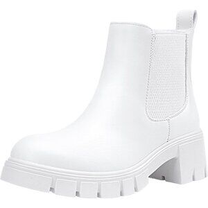 Vepose Women's White Faux Chelsea Leather Lug Sole Elastic Slip on Ankle Booties